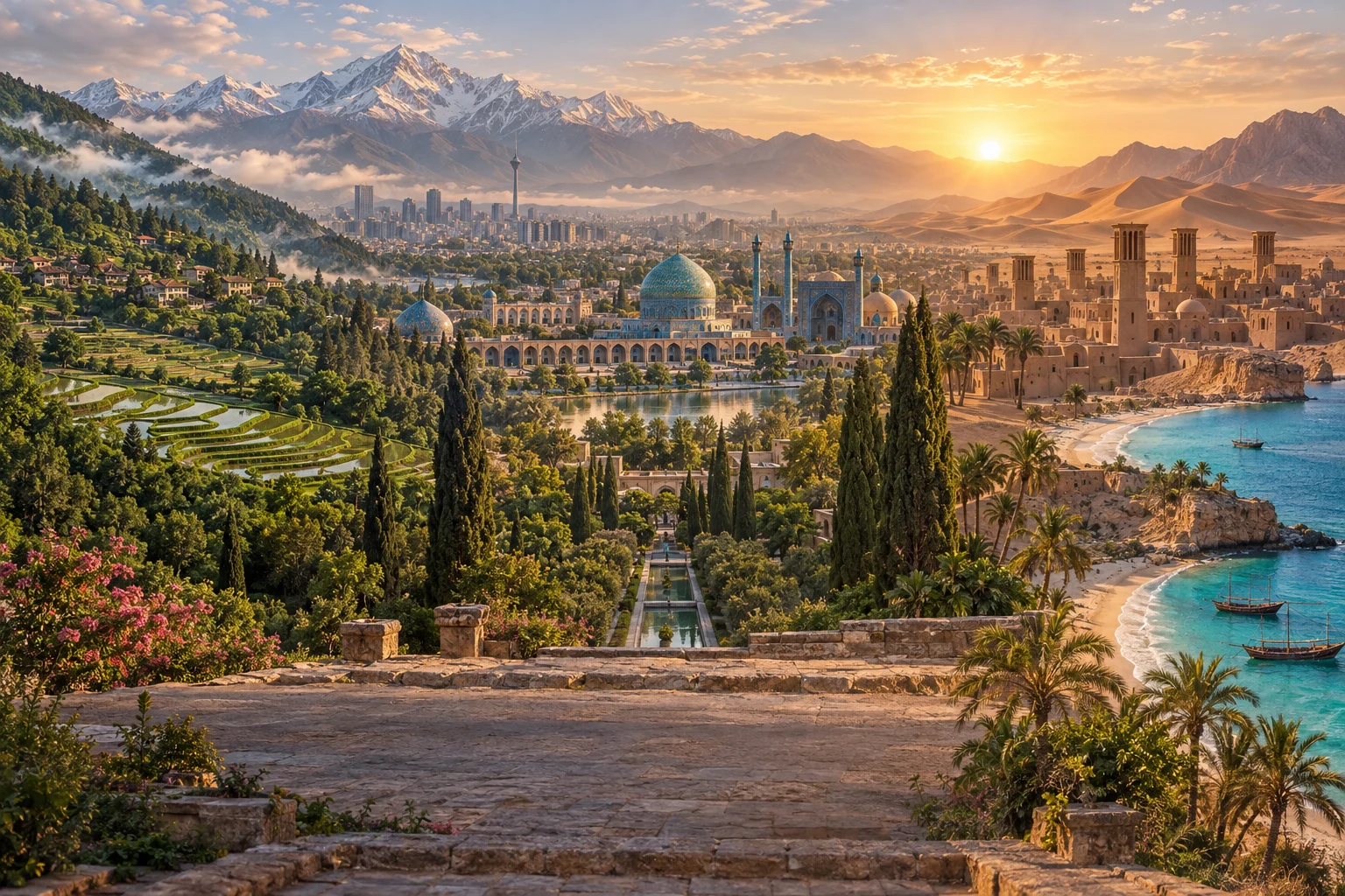 تصویر تلفیقی مفهومی از کوهستان، جنگل، معماری و سواحل ایران